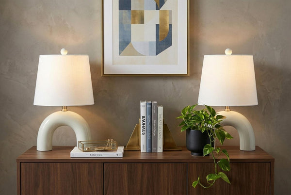 Set of Two Arched Geometric Table Lamps with Empire Shades for Modern Living