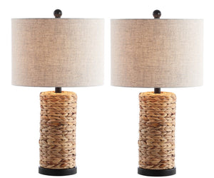 HomeRoots Set of Two Drum Shade Bedside Lamps in Natural Tones for Modern Bedroom Decor 716145