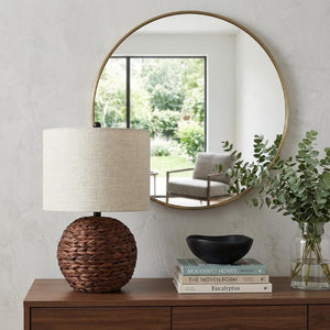 22 Inch Clear Glass Round Table Lamp with Fabric Drum Shade for Living Room