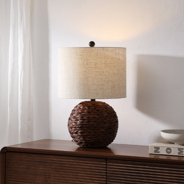 22 Inch Clear Glass Round Table Lamp with Fabric Drum Shade for Living Room