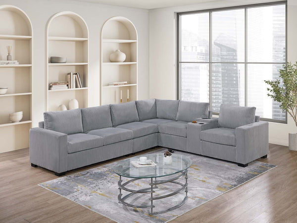 English Elm Modern 4-Piece Corduroy L-Shaped Sectional Sofa with Console, Cup Holders, USB Port, Plush Seating Light Gray 53.5 L x 39 W x 27 H B011S01753