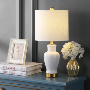 HomeRoots 27" Gold Geometric Table Lamp - Modern LED with White Linen Shade for Stylish Home Lighting Solutions 716155