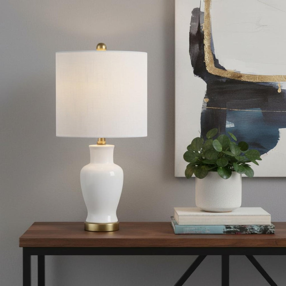HomeRoots 27" Gold Geometric Table Lamp - Modern LED with White Linen Shade for Stylish Home Lighting Solutions 716155