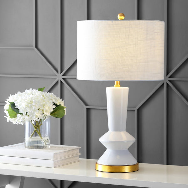 HomeRoots 27" Gold Geometric Table Lamp - Modern Iron Base with White Drum Shade for Elegant Ambient Lighting 716156
