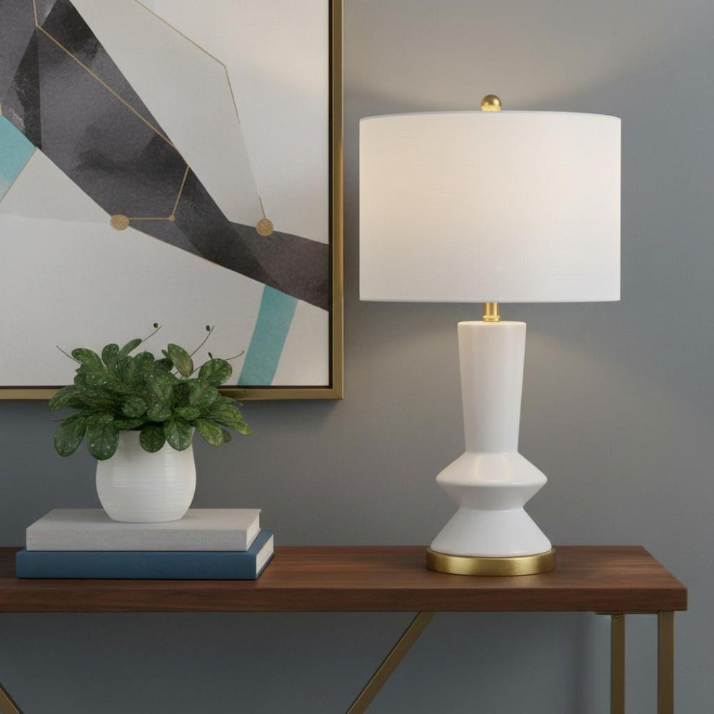 HomeRoots 27" Gold Geometric Table Lamp - Modern Iron Base with White Drum Shade for Elegant Ambient Lighting 716156