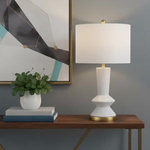 HomeRoots 27" Gold Geometric Table Lamp - Modern Iron Base with White Drum Shade for Elegant Ambient Lighting 716156