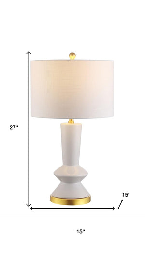 HomeRoots 27" Gold Geometric Table Lamp - Modern Iron Base with White Drum Shade for Elegant Ambient Lighting 716156