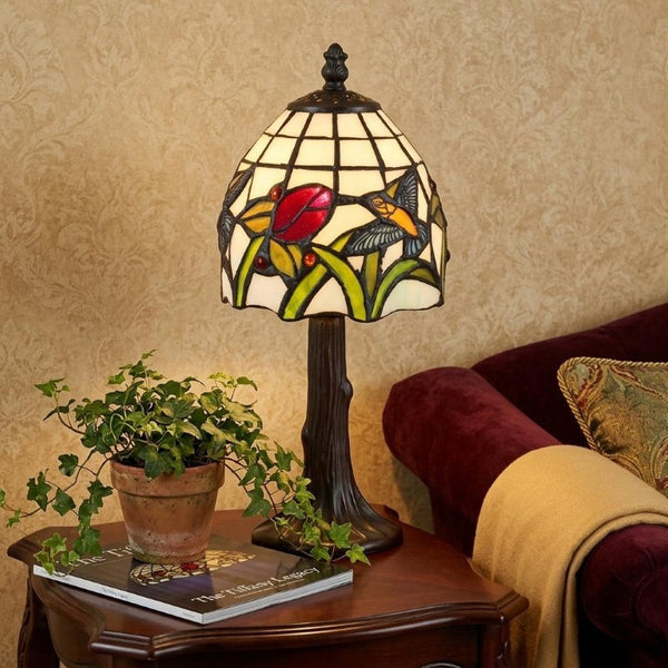 12 Inch Tiffany Style Stained Glass Bell Shade Table Lamp with Bronze Bird Motif
