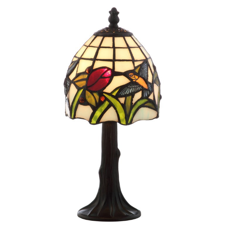 HomeRoots 12 Inch Tiffany Style Stained Glass Bell Shade Table Lamp with Bronze Bird Motif 716167