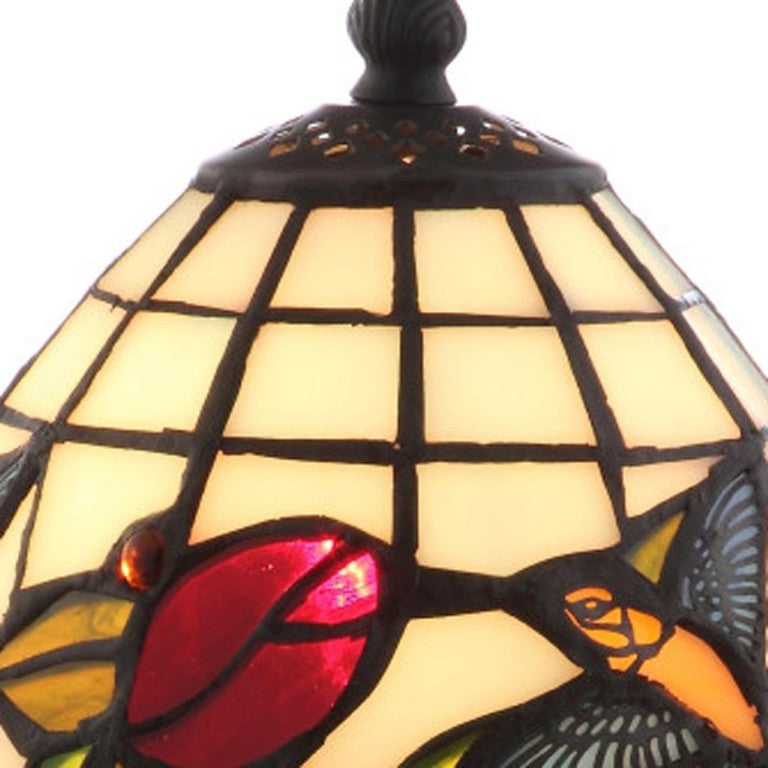 HomeRoots 12 Inch Tiffany Style Stained Glass Bell Shade Table Lamp with Bronze Bird Motif 716167