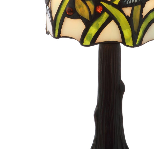 12 Inch Tiffany Style Stained Glass Bell Shade Table Lamp with Bronze Bird Motif