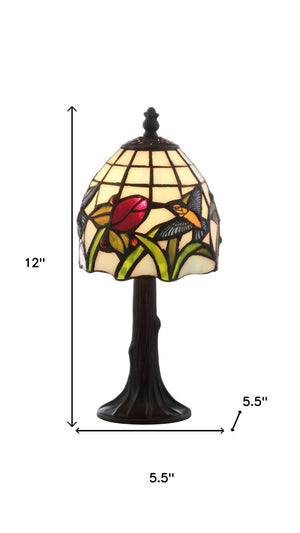 12 Inch Tiffany Style Stained Glass Bell Shade Table Lamp with Bronze Bird Motif
