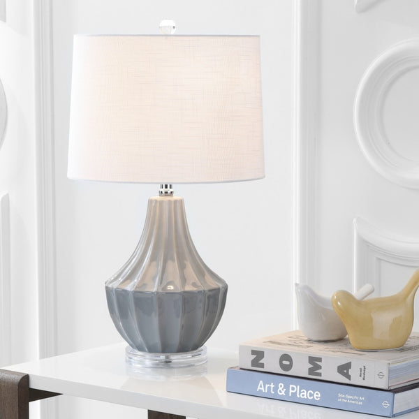 HomeRoots 25" Clear Acrylic Table Lamp with White Drum Shade - Modern Design & Built-in Outlet for Convenience 716171