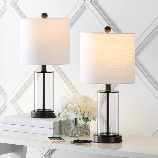 Set of Two Antiqued Bronze Usb Charging Table Lamps with Classic Drum Shades