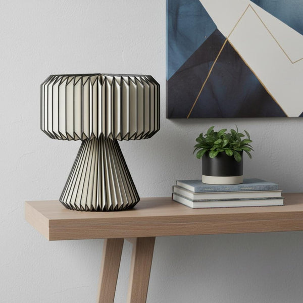 HomeRoots 11" Modern Geometric Table Lamp with Natural Wood Base & Off-White Shade for Stylish Illumination 716196