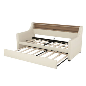 English Elm Twin Size Daybed With Trundle, Usb Charging Station & Led Lights - Chic Beige Upholstered Design W1580S00025-GIGA
