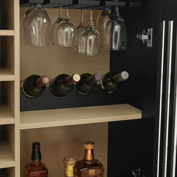 English Elm Mid Century Fluted Buffet Sideboard with Integrated Wine Rack and Glass Holder Storage Black W1801P454198