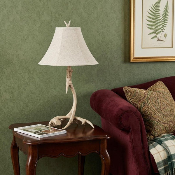 28 Inch Rustic Antler Table Lamp with Fabric Bell Shade for Lodge Cabin Living Rooms