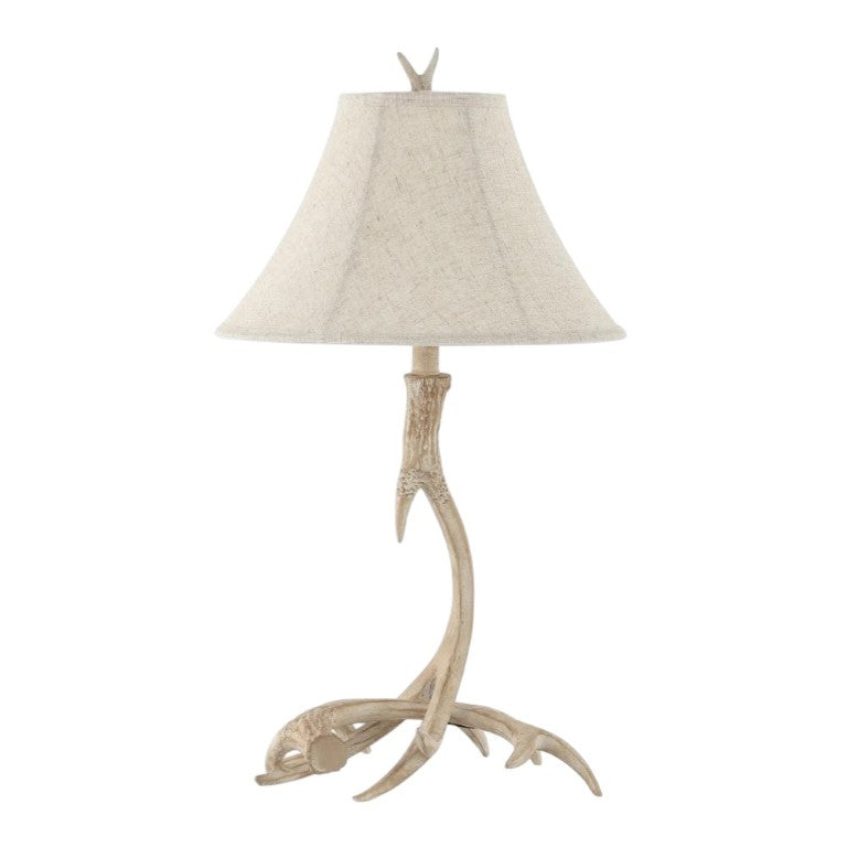HomeRoots 28 Inch Rustic Antler Table Lamp with Fabric Bell Shade for Lodge Cabin Living Rooms Beige 716219