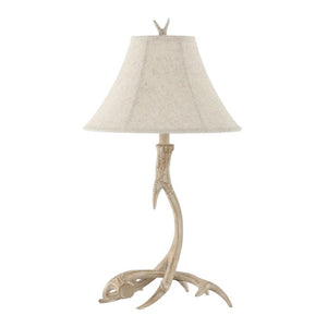HomeRoots 28 Inch Rustic Antler Table Lamp with Fabric Bell Shade for Lodge Cabin Living Rooms Beige 716219