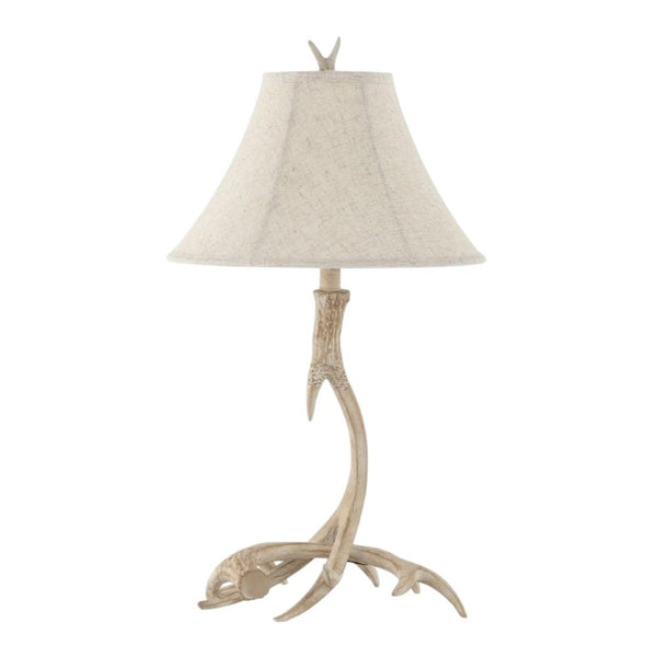 HomeRoots 28 Inch Rustic Antler Table Lamp with Fabric Bell Shade for Lodge Cabin Living Rooms Beige 716219