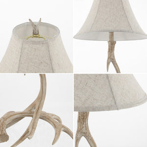 28 Inch Rustic Antler Table Lamp with Fabric Bell Shade for Lodge Cabin Living Rooms