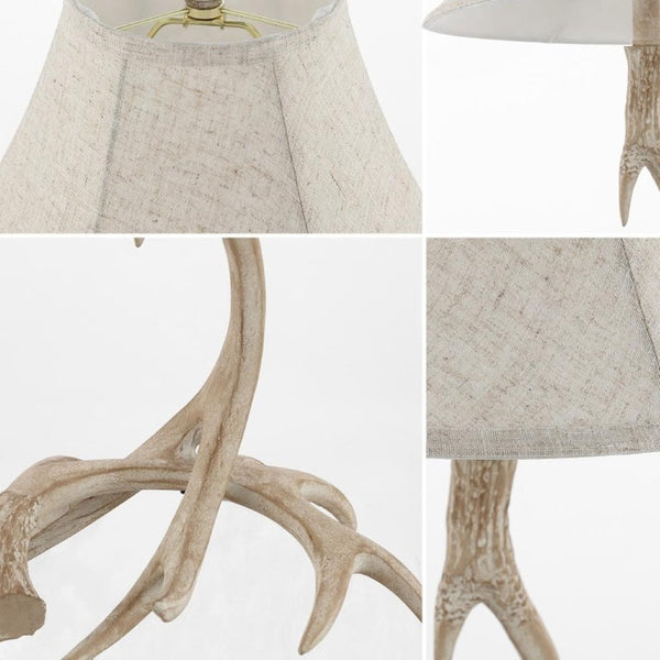 28 Inch Rustic Antler Table Lamp with Fabric Bell Shade for Lodge Cabin Living Rooms