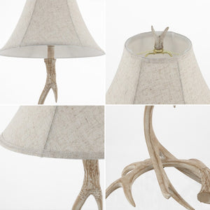 28 Inch Rustic Antler Table Lamp with Fabric Bell Shade for Lodge Cabin Living Rooms