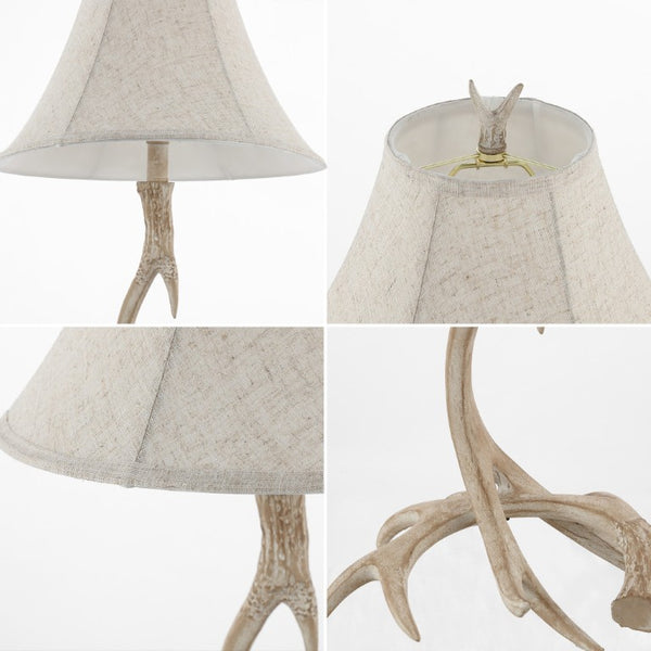 28 Inch Rustic Antler Table Lamp with Fabric Bell Shade for Lodge Cabin Living Rooms