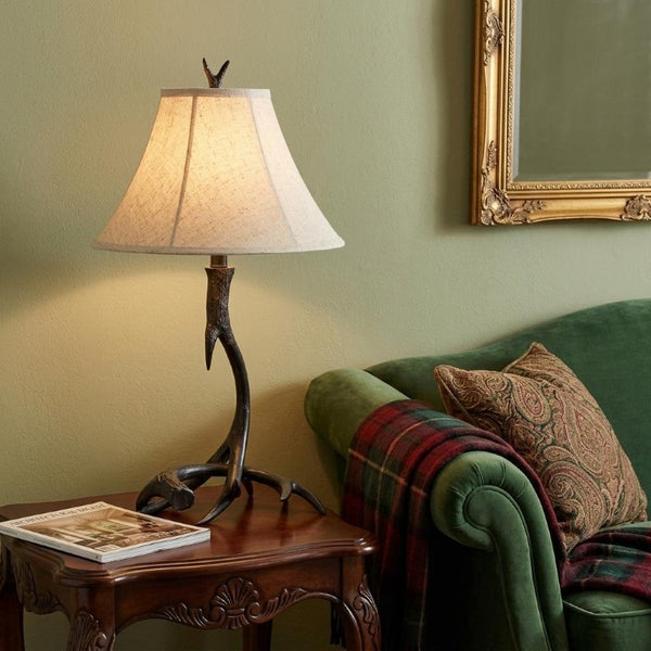 28 Inch Rustic Antler Table Lamp with Fabric Bell Shade for Lodge Cabin Living Rooms