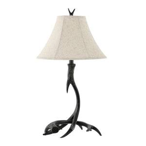 28 Inch Rustic Antler Table Lamp with Fabric Bell Shade for Lodge Cabin Living Rooms