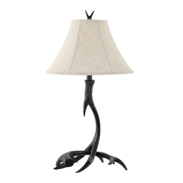 28 Inch Rustic Antler Table Lamp with Fabric Bell Shade for Lodge Cabin Living Rooms