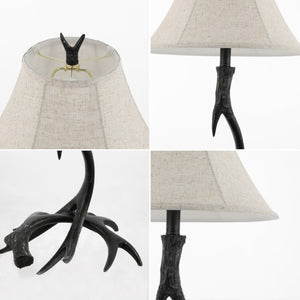 28 Inch Rustic Antler Table Lamp with Fabric Bell Shade for Lodge Cabin Living Rooms