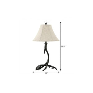 28 Inch Rustic Antler Table Lamp with Fabric Bell Shade for Lodge Cabin Living Rooms