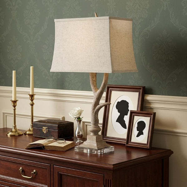 30 Inch Antler Table Lamp with Fabric Shade Rustic Lodge Accent for Living Room