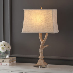 30 Inch Antler Table Lamp with Fabric Shade Rustic Lodge Accent for Living Room