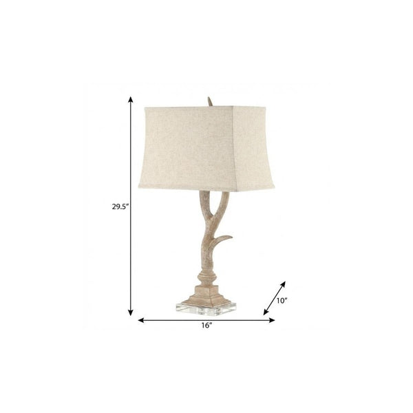 30 Inch Antler Table Lamp with Fabric Shade Rustic Lodge Accent for Living Room
