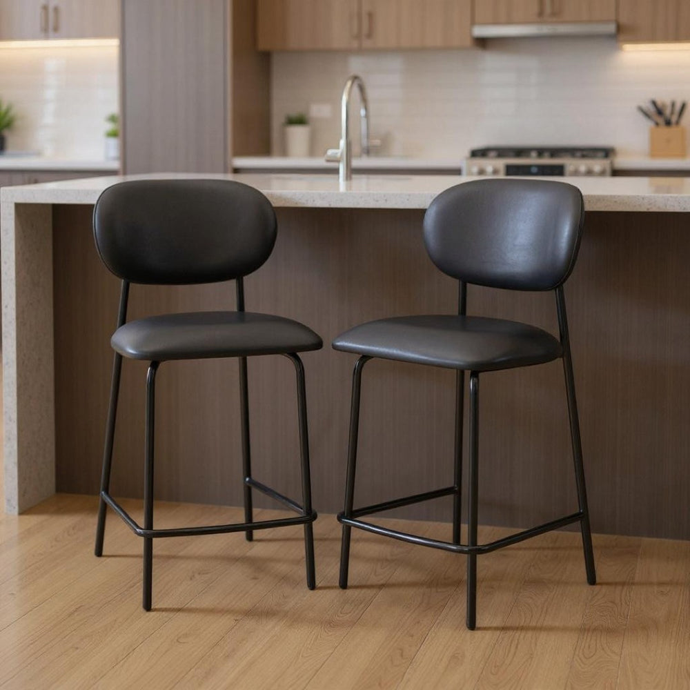 HomeRoots Set of Two Modern 26" Brown Faux Leather Bar Chairs with Metal Frame for Stylish Comfort 716227