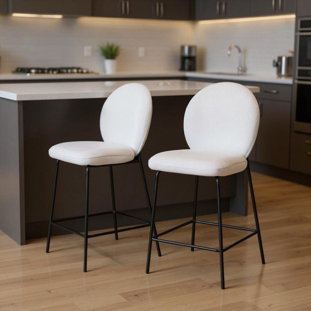 HomeRoots Set of Two Stylish 26" Green Corduroy and Black Metal Counter Height Bar Chairs for Modern Spaces 716229