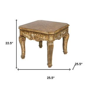 HomeRoots 24" Rustic Light Brown Wood & Glass Square End Table with Elegant Scrollwork – Fully Assembled! 716236