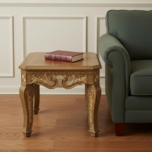 HomeRoots 24" Rustic Light Brown Wood & Glass Square End Table with Elegant Scrollwork – Fully Assembled! 716236