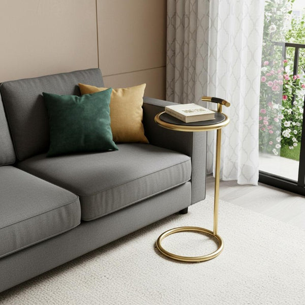 24 Inch Round End Table with Aluminum Base and Leather Top for Glam Living Rooms