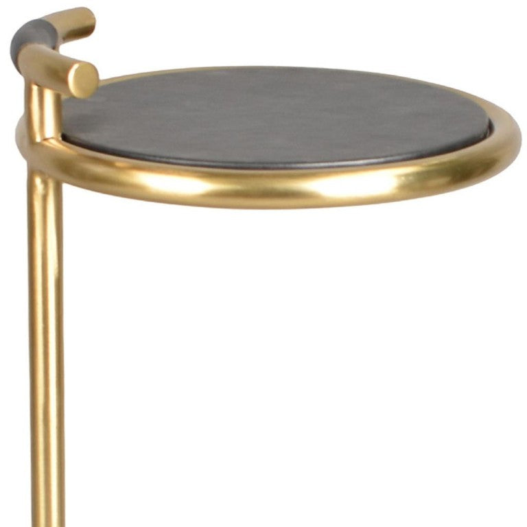 24 Inch Round End Table with Aluminum Base and Leather Top for Glam Living Rooms