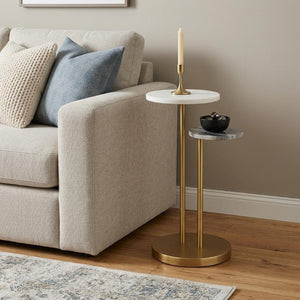 22 Inch Marble Top Iron Pedestal Side Table Glam Round Accent for Living Room