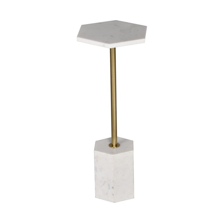 HomeRoots 23 Inch Hexagonal Iron and Marble Top Accent Table in White Gold for Living Room 716248