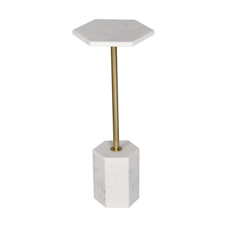 HomeRoots 23 Inch Hexagonal Iron and Marble Top Accent Table in White Gold for Living Room 716248