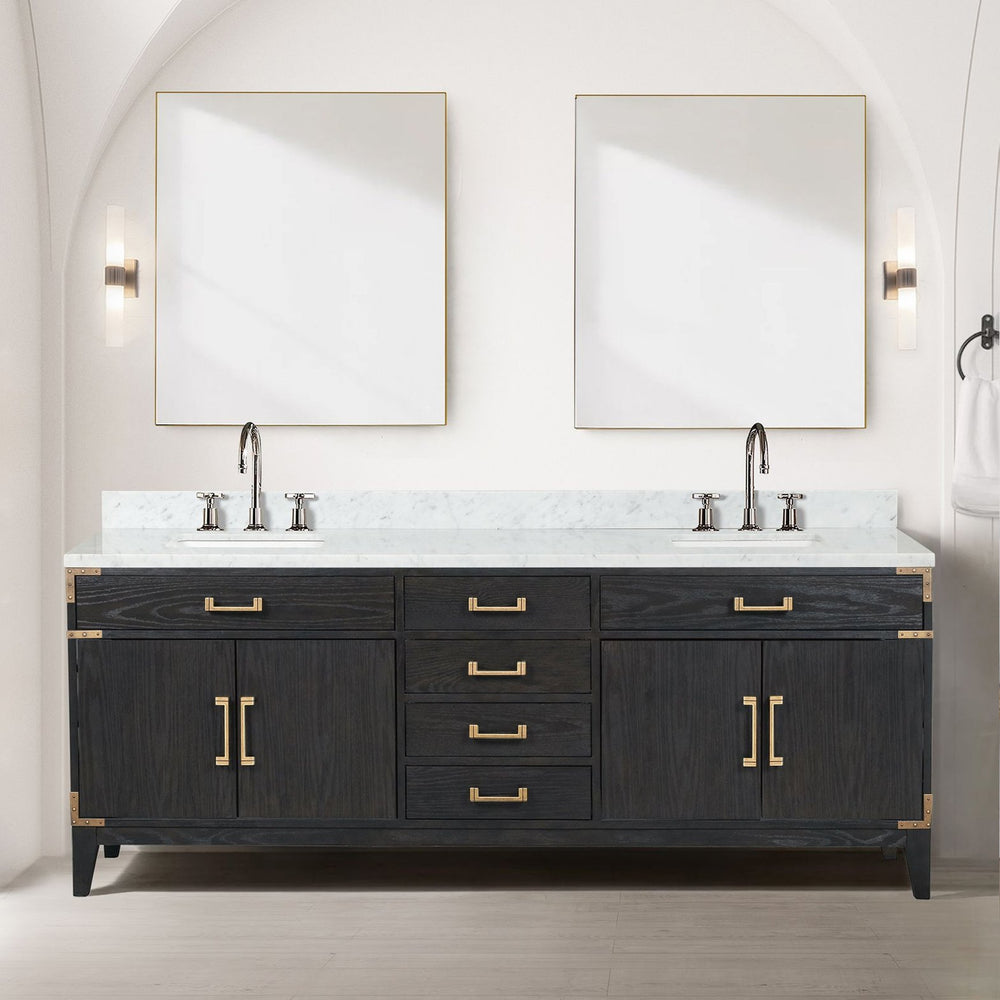 English Elm Black Oak Double Bath Vanity With Carrara Marble Top, Chrome Faucets & 2 Matching Mirrors, 84" W B2731S02193