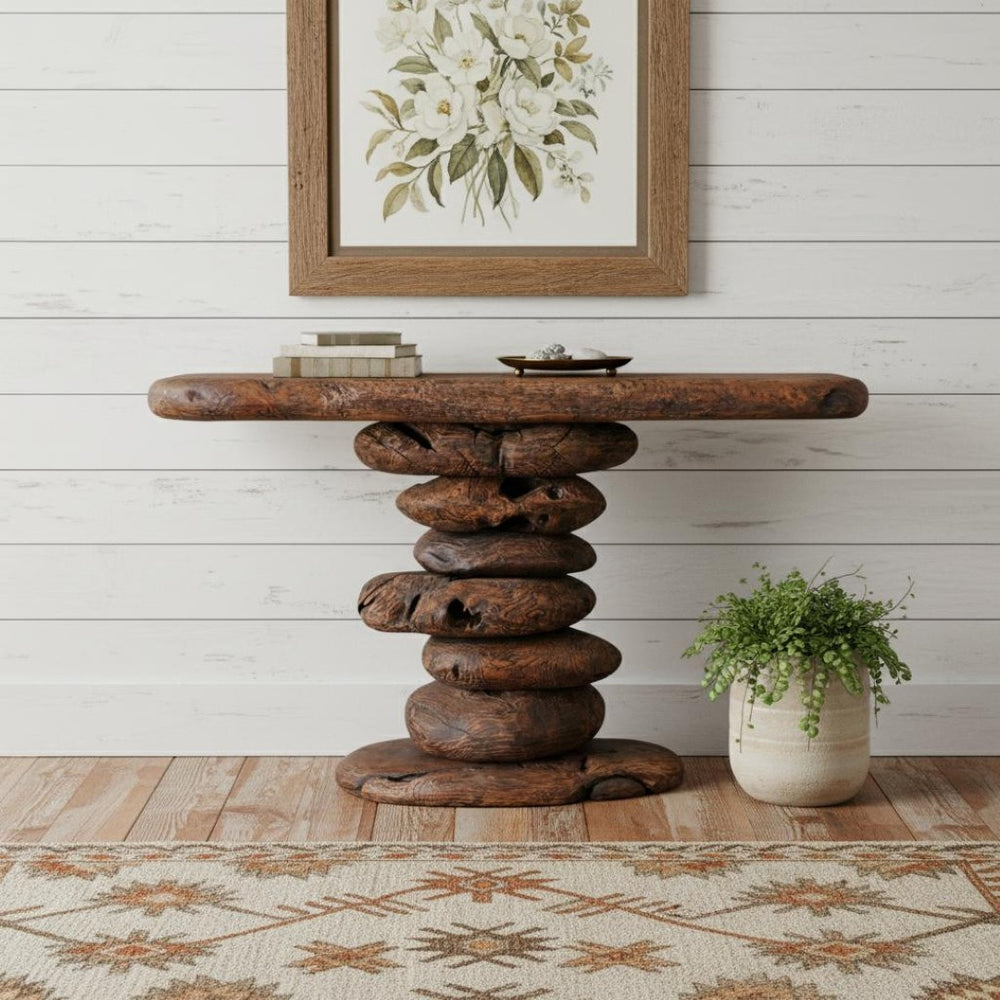 HomeRoots 55" Reclaimed Wood and Metal Oval Console Table - Handcrafted Artisanal Design for Any Space 716258