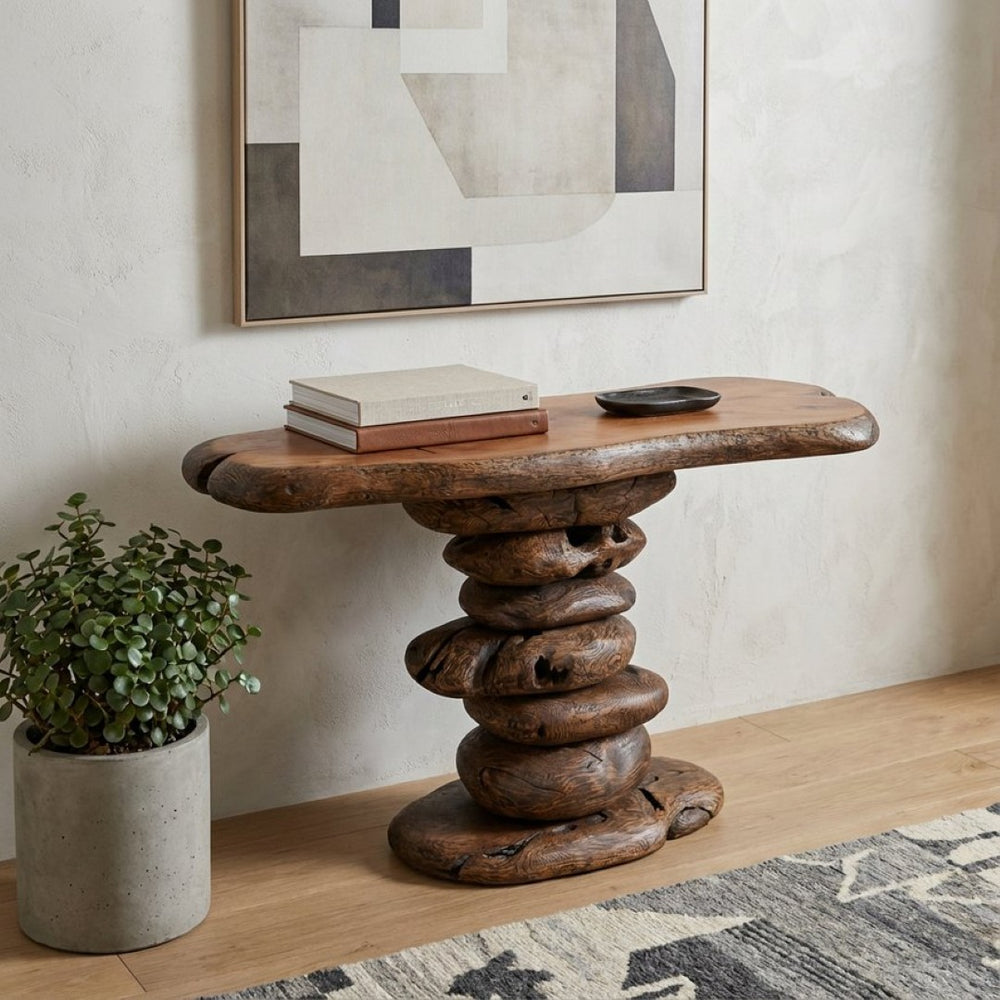 HomeRoots 55" Reclaimed Wood and Metal Oval Console Table - Handcrafted Artisanal Design for Any Space 716258