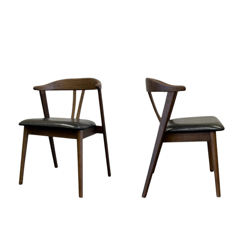 HomeRoots Set of Two Mid-Century Modern Black Faux Leather Side Chairs with Walnut Wood Legs for Stylish Living 716262